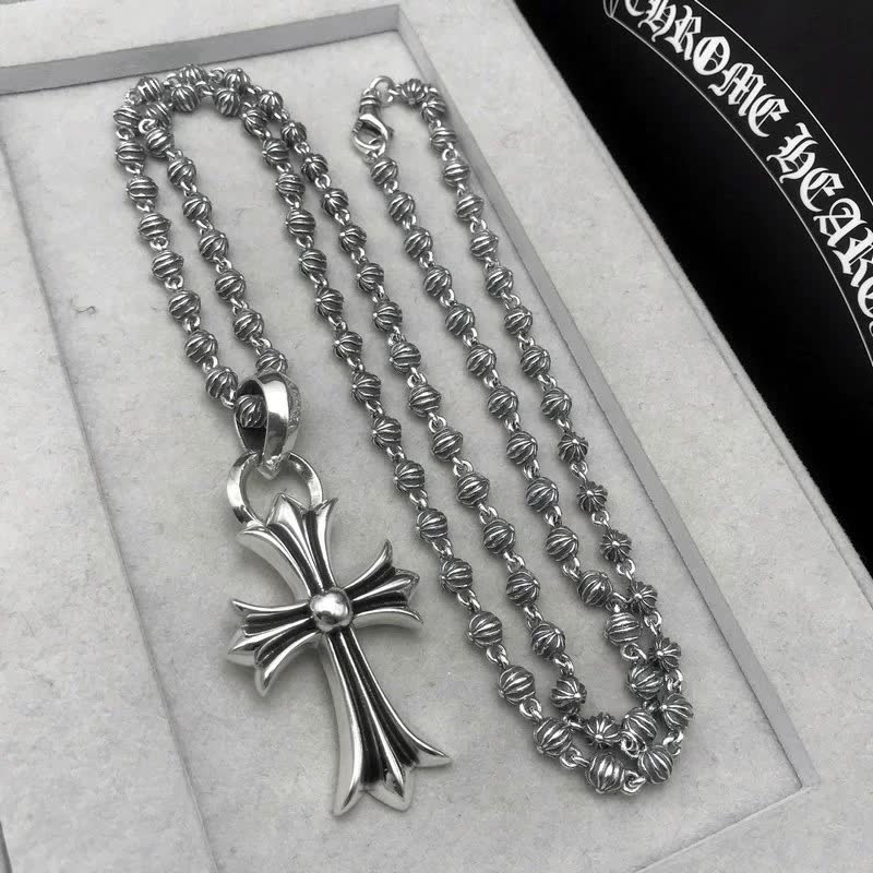 Chrome Hearts Silver Cross Pendant with Beaded Chain